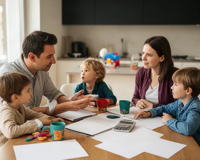 Junge Familie mit zwei Kindern am Küchentisch in Grenchen beim Besprechen eines Haushaltsbudgets