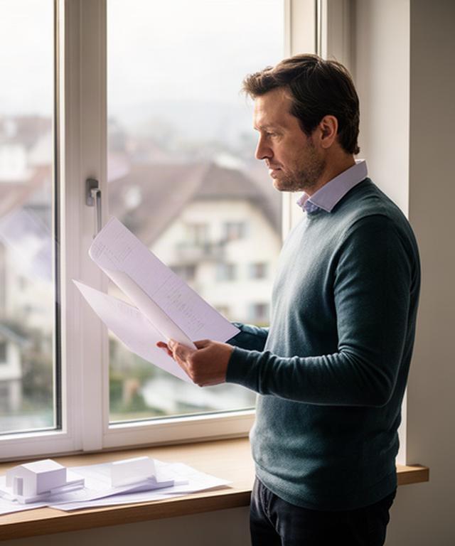Partner am Fenster einer Wohnung in Solothurn mit Unterlagen für die Eigenheimplanung