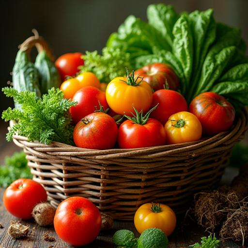 収穫されたばかりの新鮮で色鮮やかな野菜の籠